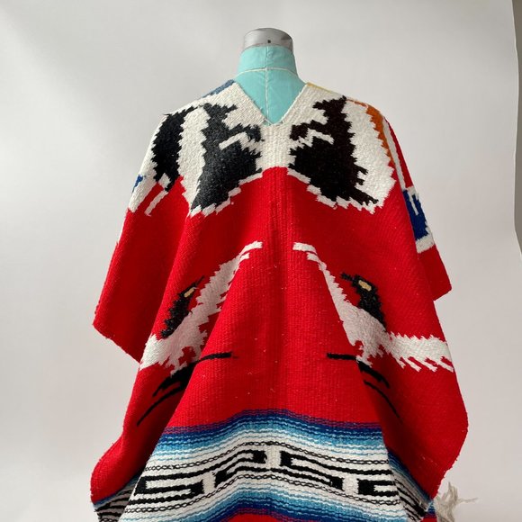 Vintage Navajo Southwest Woven Blanket Shawl Poncho Wrap, Red Black Blue Yellow - Picture 6 of 10